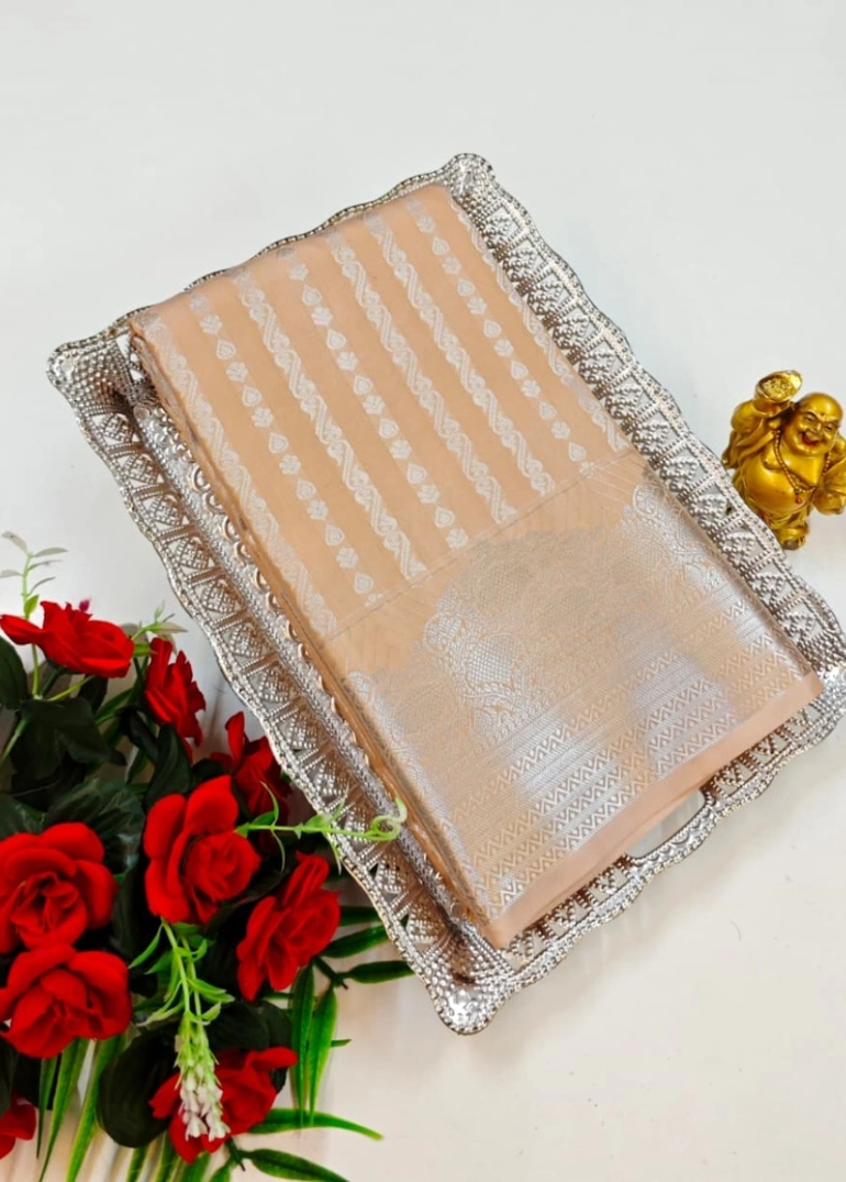 Bridal silk gold silvar and copper zari weave and wedding art silk sarees - cream color